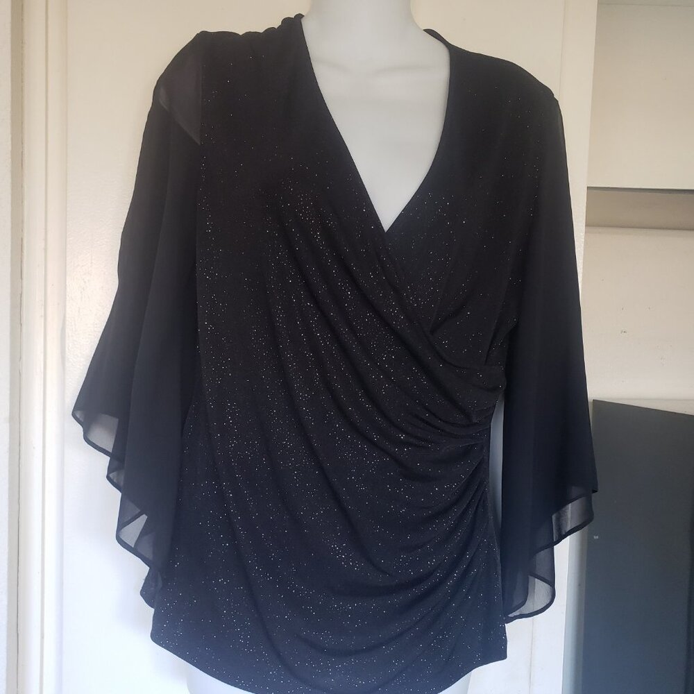 RNstudio Black Sparkly top with split chiffon sleeves Size Med